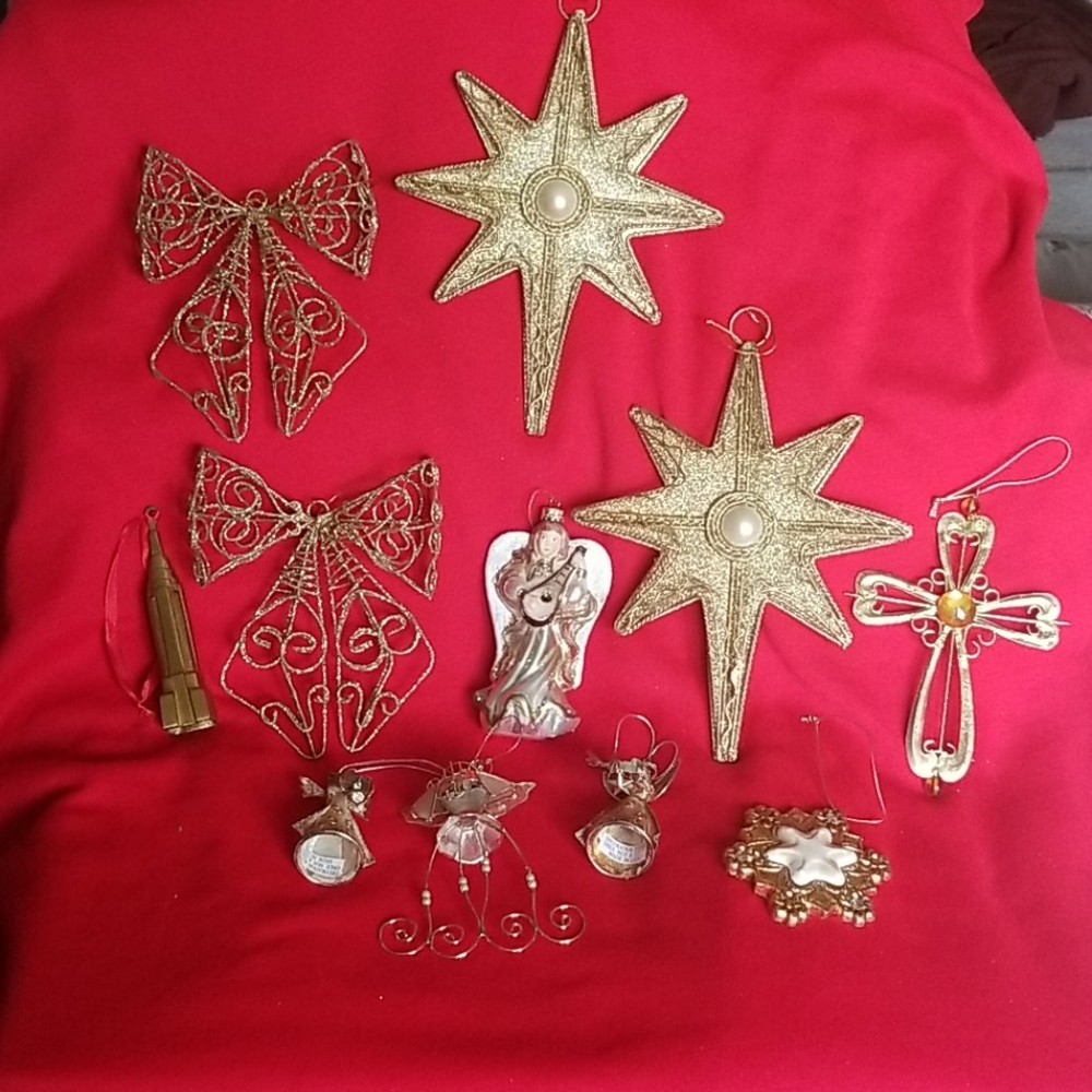 Gold Christmas ornaments. Various figures